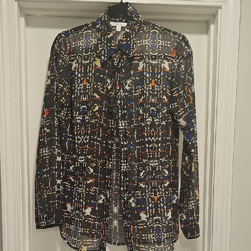 Cabi Long Sleeve Multi-Colored Abstract Sheer Button-down Blouse